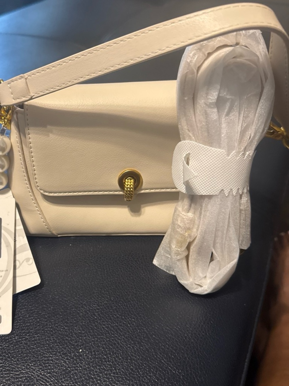 Cream Shoulder Bag with Pearl Charm